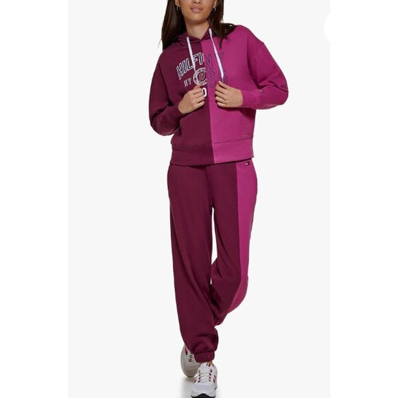 TOMMY HILFIGER SPORT Women's Colorblock Split Logo Hoodie XL Purple Crewneck NWT - Picture 2 of 11